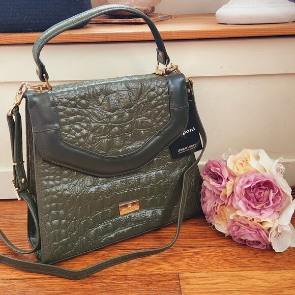 NWT Zamponi Croc Style Green Italian Leather Retro Vintage Style Satchel - Picture 1 of 10